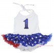 White Baby Halter Jumpsuit Patriotic American Star Pettiskirt & 1st Sparkle Royal Blue Birthday Number Print JS4405